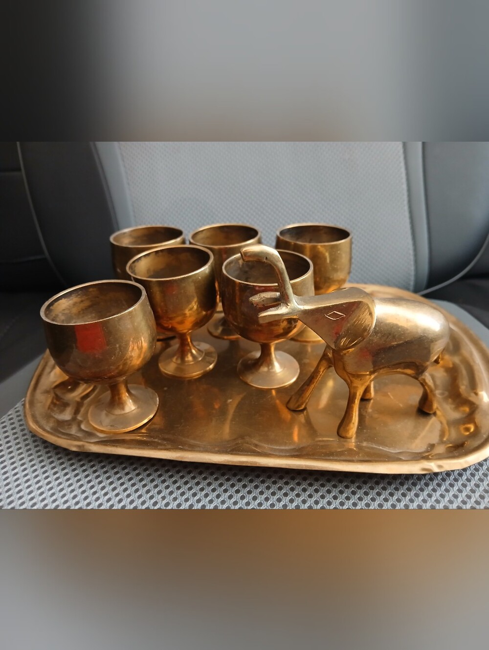 Brass Cordial Shot Goblets & Tray Set With Elephant- 6 Goblets